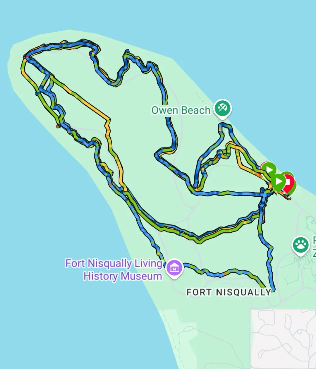 Map of Point Defiance with overlaid routes from hikes